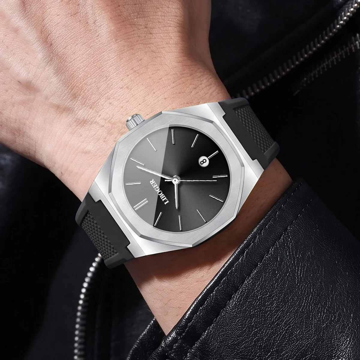 Luxury Silver Octagonal Case Men Business Watches Casual Silicone Strap Date Quartz Wristwatch Relogio Masculino（Without Box）