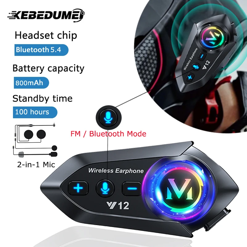 Bluetooth 5.4 Motorcycle Helmet Headset Wireless Hands-free Call Phone Kit Waterproof MP3 Music Player Speaker FM Radio Earphone