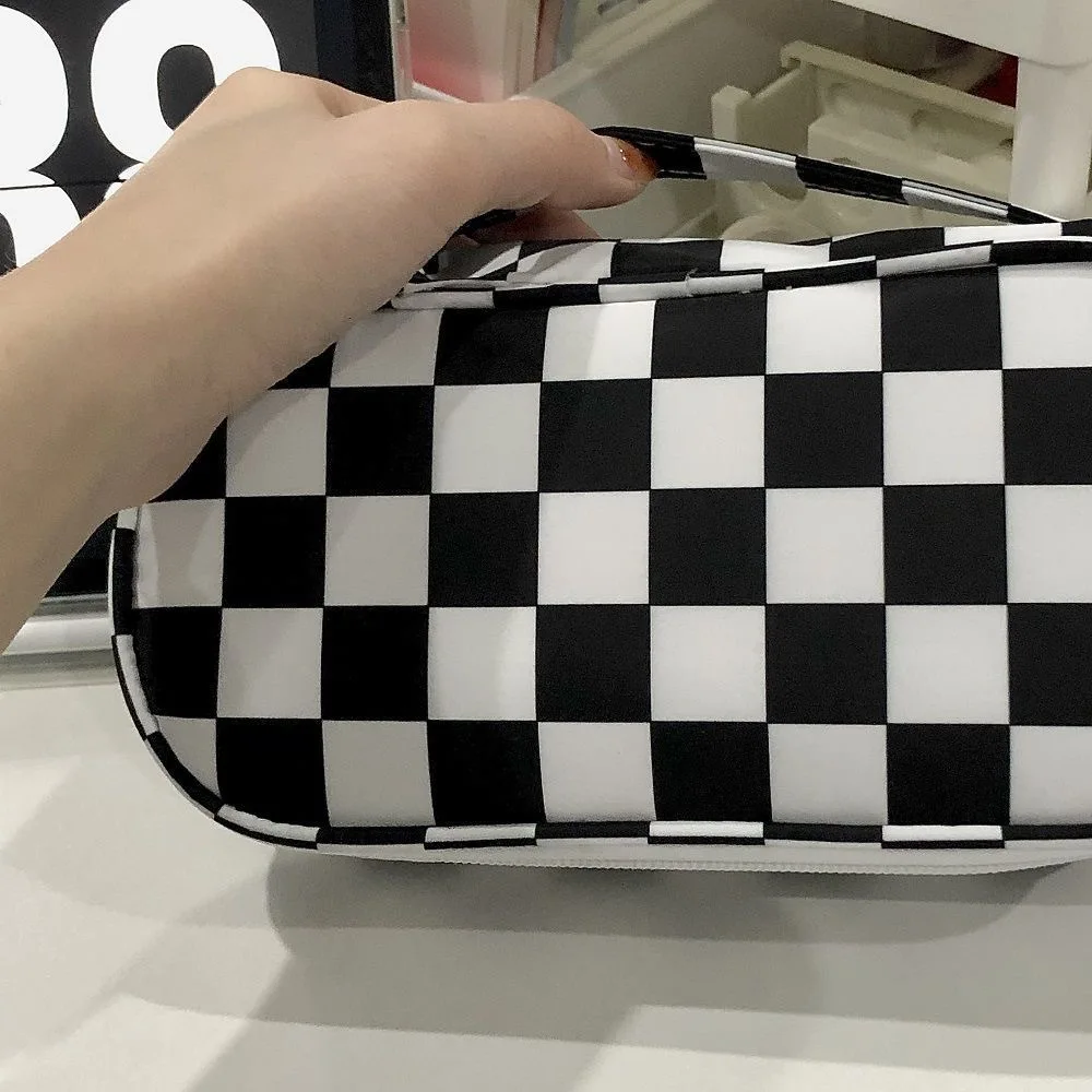 Luxury Black White Checkerboard Pencil Case for Boy Girls Portable Large Capacity Chess Pencil Bag Students Stationery