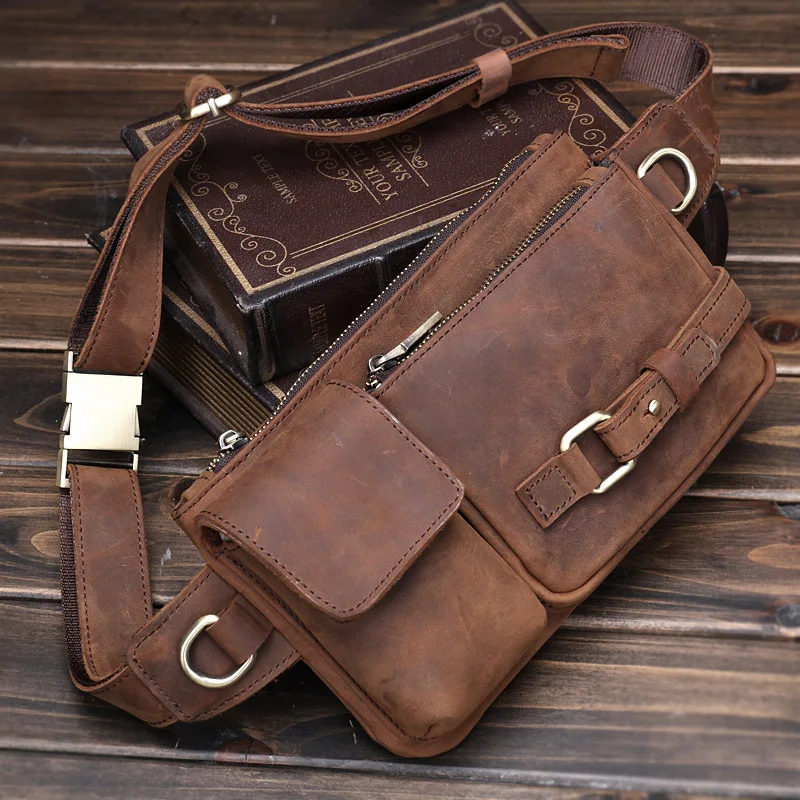 Men's Genuine Crazy Horse Leather Waist Bag Vintage Casual Crossbody Chest Pack, Multi-Functional Cowhide Phone Holder