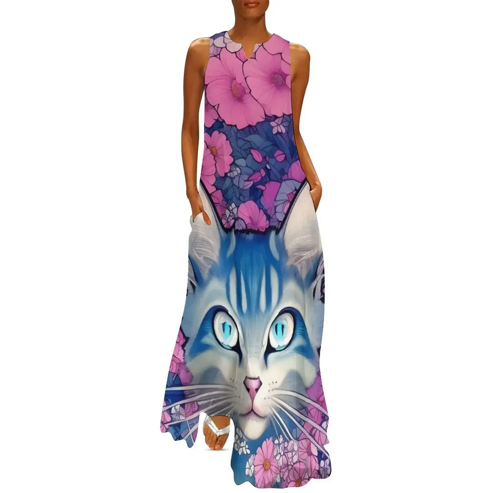 

Blue Cat Surrounded by Pink Flowers Long Dress bandage dress luxury dresses womens clothing women dresses Dress