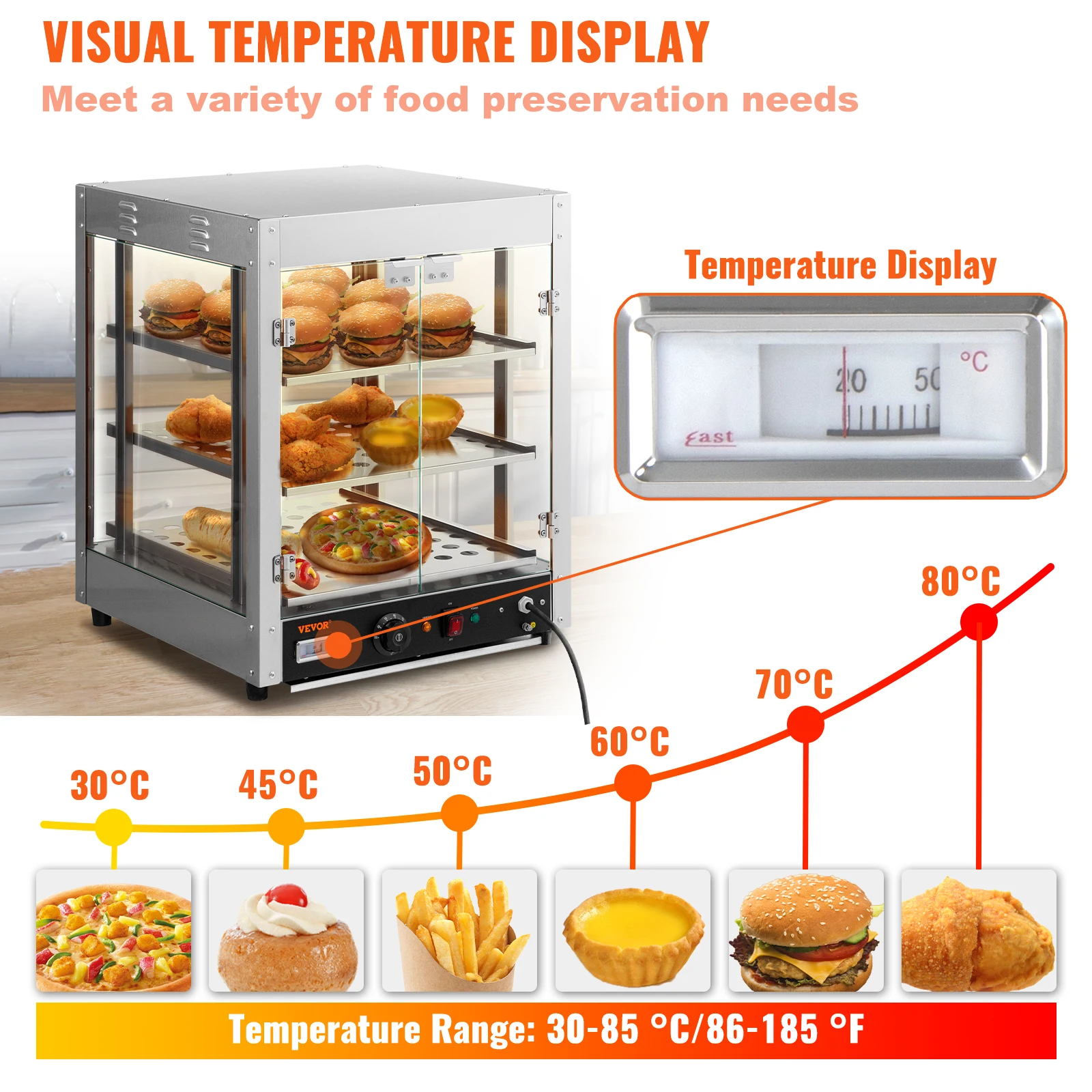 VEVOR 2/3-stufiger Speisenwärmer für die Arbeitsplatte, kommerzielle 3D-Heizung, Pizza-Gebäckwärmer mit Temperaturknopf-Display, Küchengerät