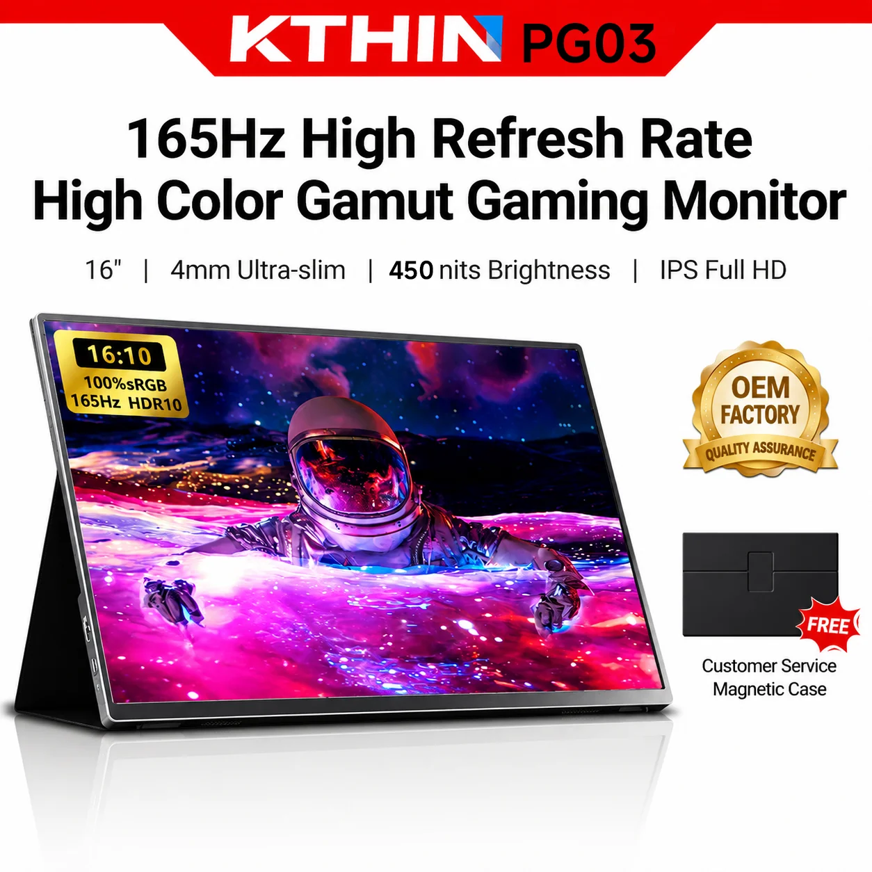 KTHIN PG03 16" Portable Monitor 1920*1200 HDMI165Hz Type-C165Hz 16:10 100%sRGB Second Screen For Laptop Switch ps4 ps5 Xbox