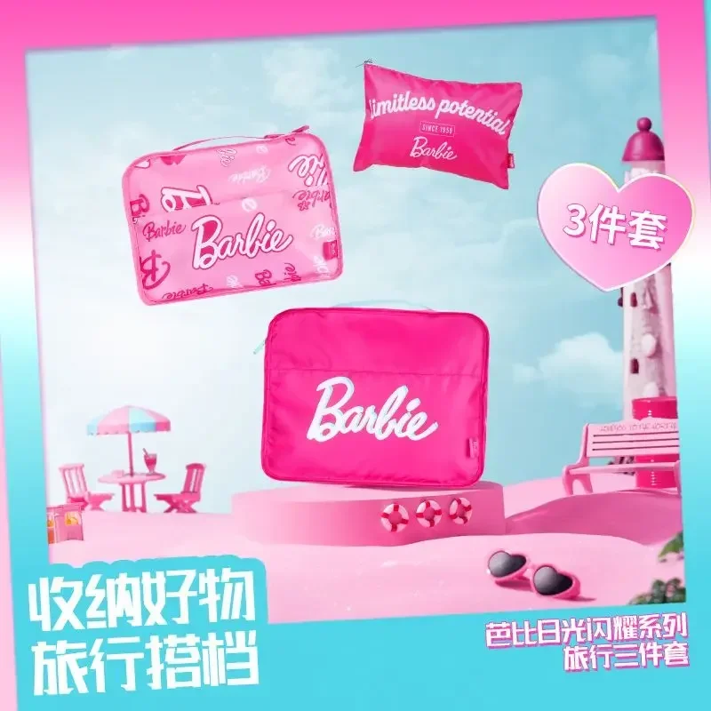 

Miniso Barbie Travel Wash Bag 3Pcs Cute Co-Branded Girly Heart Kawaii Underwear Storage Bag Clothing Cosmetic Bag Travelling