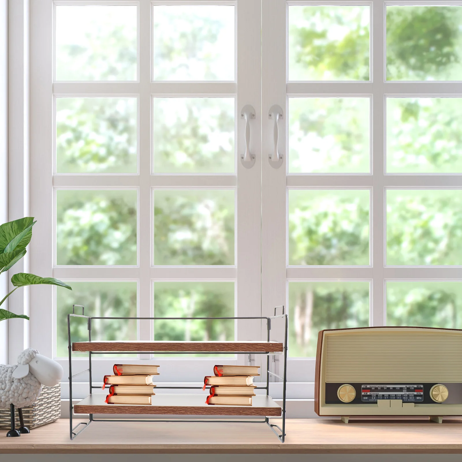 

1Pcs Double Storage Rack Premium Iron Wood Material Strong Load Bearing Desktop Organizer for Office Stationery Books