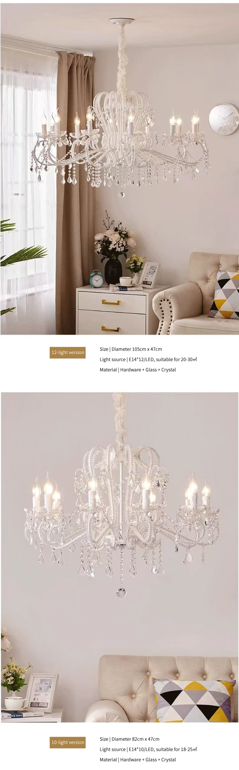 American Crystal Candle E14 Chandelier White Gold Metal