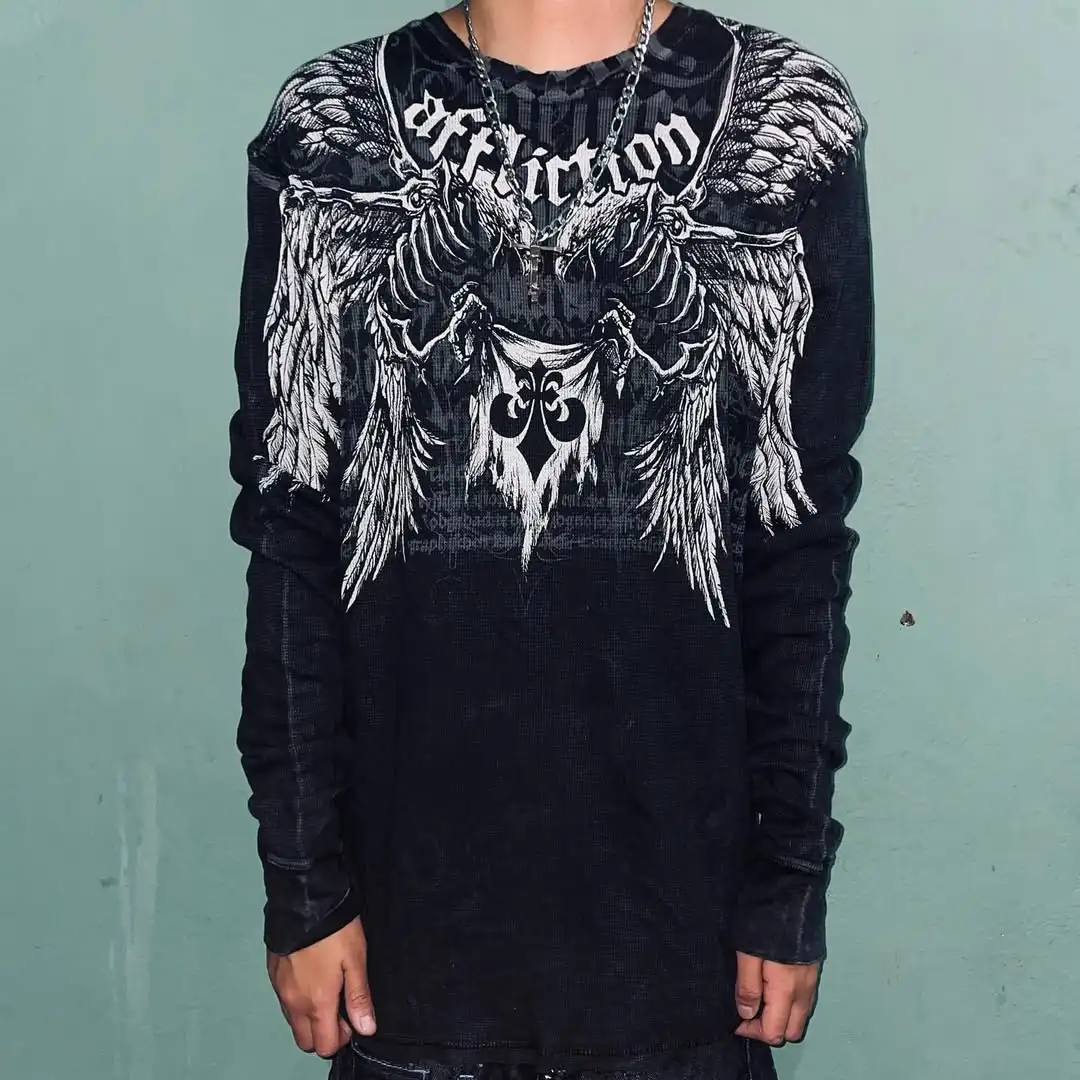 

Affliction New Retro Trend Printed Long Sleeve 90s Street Hip Hop Harajuku T shirt Men Fashion Goth Casual Pure Cotton Loose Top