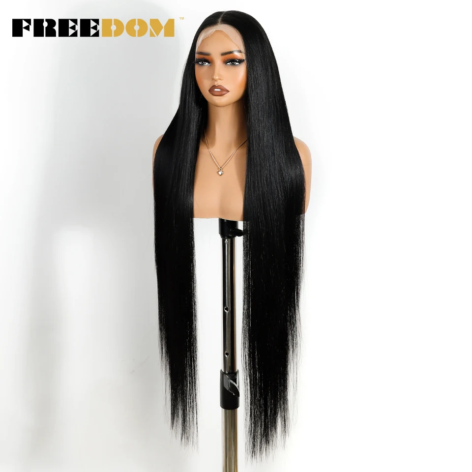 FREEDOM Lange Gerade Synthetische Lace-Front-Perücken für Frauen 38 Zoll Weich 13X4 Freier Scheitel Schwarzes Haar Lace-Frontal-Perücke Vorgezupft – Detail 4