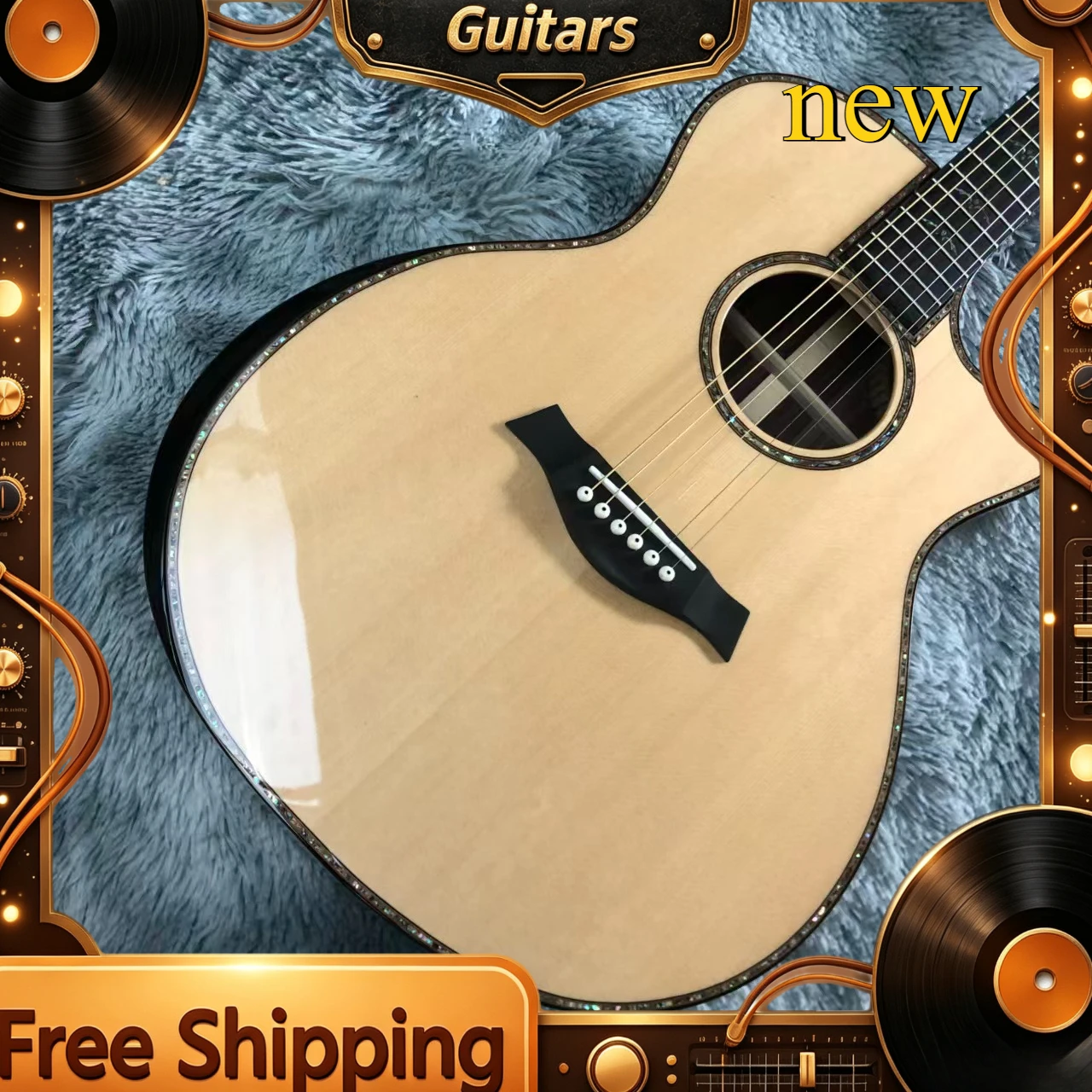 Natural Sharp Cutaway GA Acoustic Guitar Spruce Top Ebony Fretboard High End Fingerstyle Plaintext Luxurious Abalone Binding