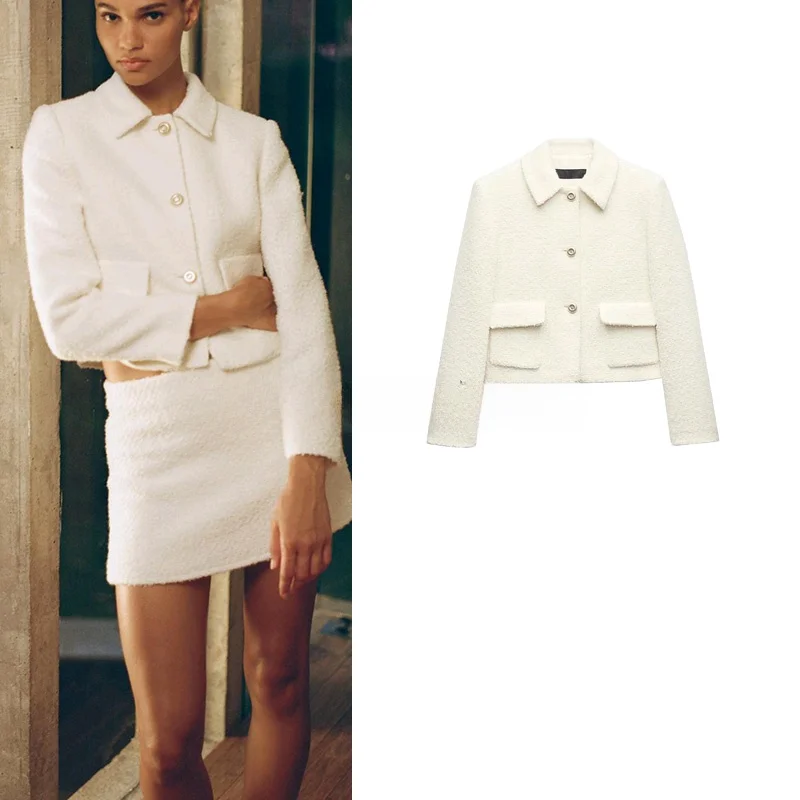 جاكيت نسائي صوفي جديد لموسم الربيع بتصميم عصري بسيط وأنيق بأكمام طويلة ولون واحد مع تفاصيل الأزرار