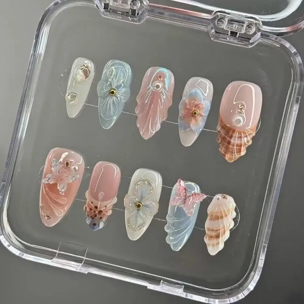 10 Pcs Handmade Press on Nails Medium Almond Acrylic Blue French Tips Stick on Fake Nails for Women