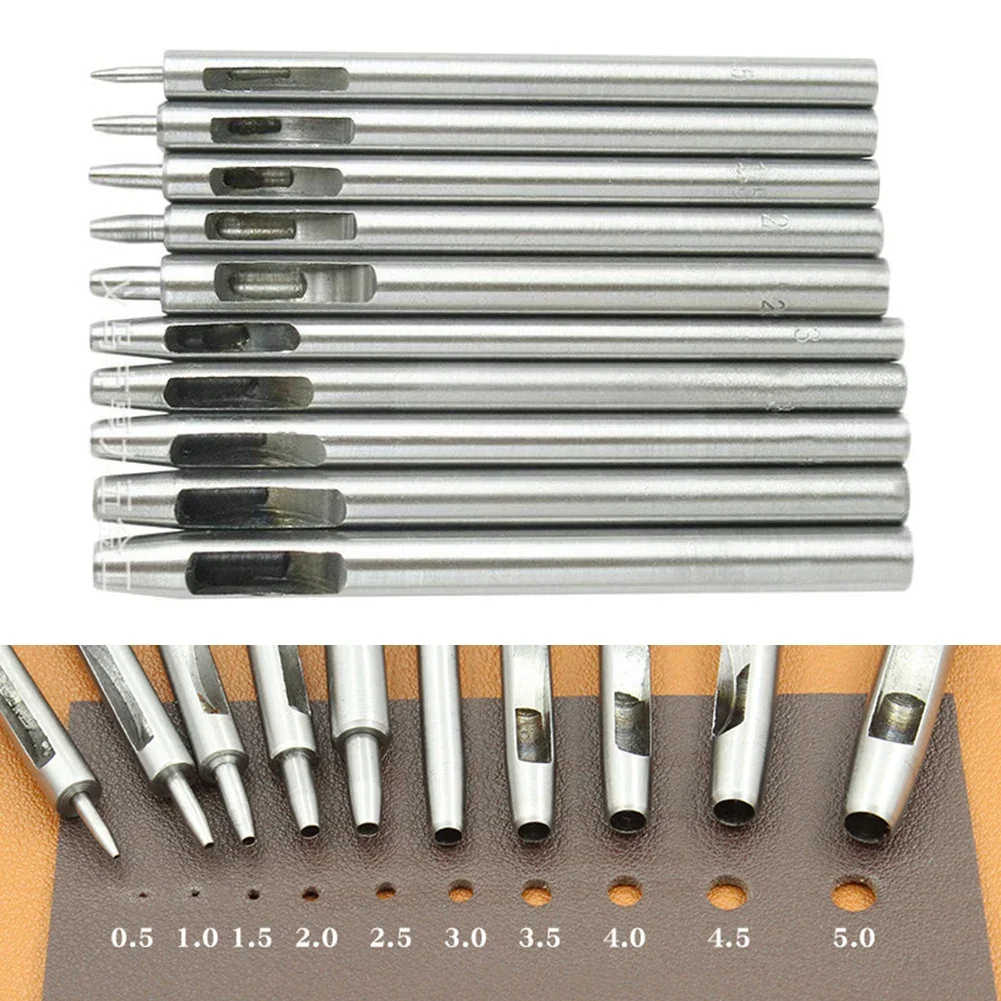 10pcs 0.5-5mm 100mm Hole Leather Puncher Kit Hollow Belt Craft Tool For Watch Bands Leather Puncher Hand Tools Accessories