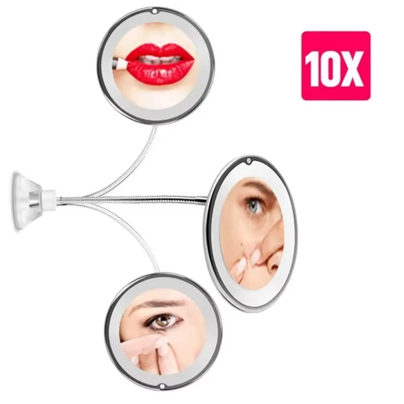 

Flexible gooseneck makeup mirror, LED lighting, 10X magnifying mirror, suction cup, bright diffused lighting, 360 degree rotatio