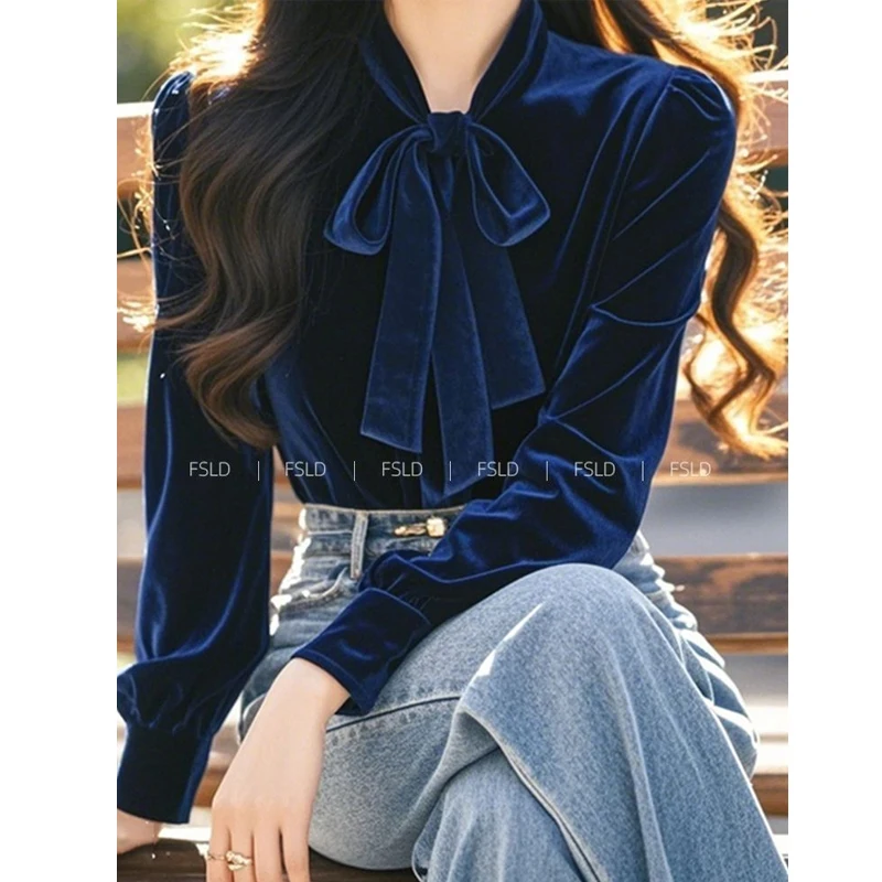 

Vintage Blue Velvet Shirt Tops Spring Autumn Long Sleeve Bow Lacing All-match Temperament Blouse Office Elegant Women Clothing