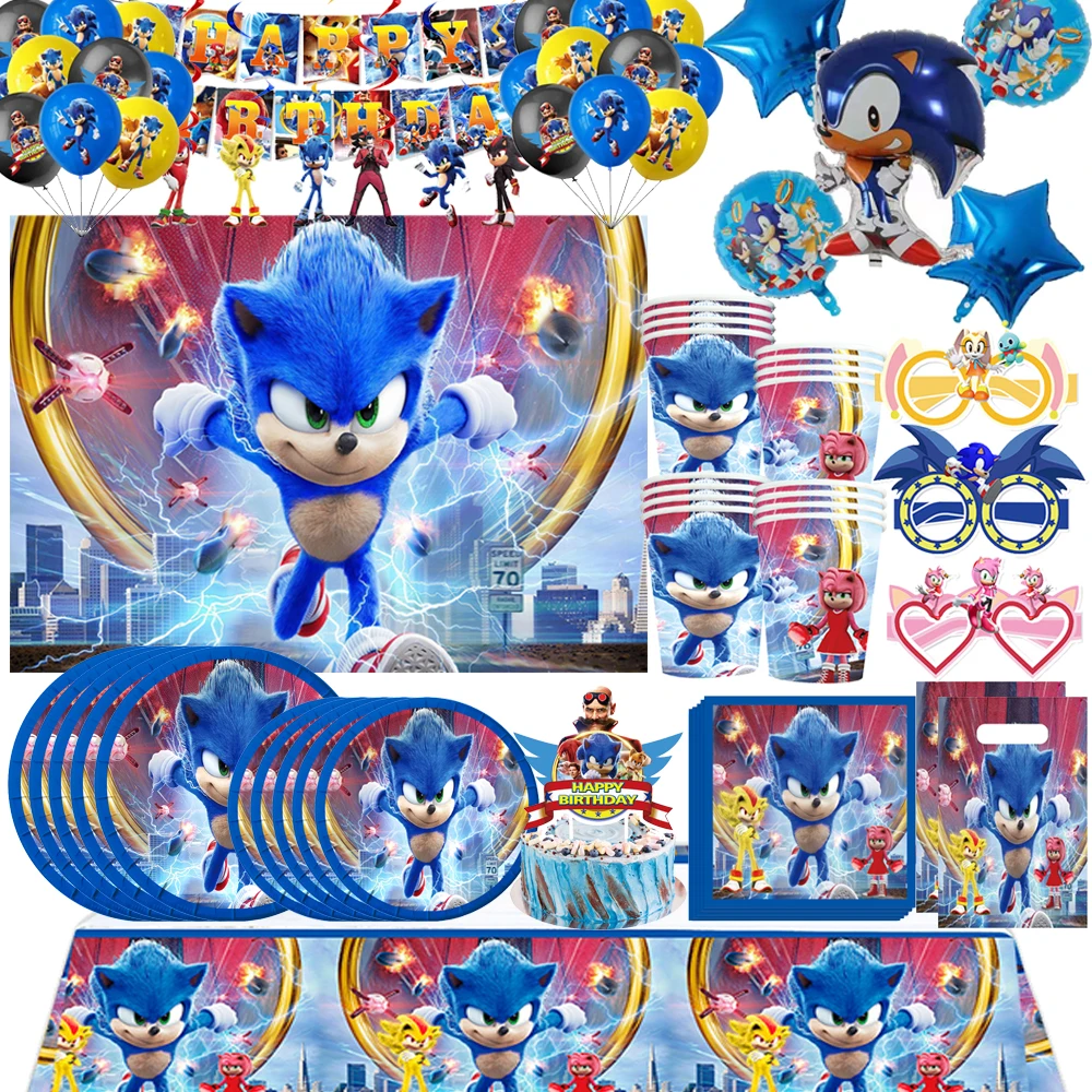 New Sonics Birthday Party Decoration Cartoon Anime Sonics Tableware Set Plates Cups Balloons Backdrop for Baby Shower Kids Gifts