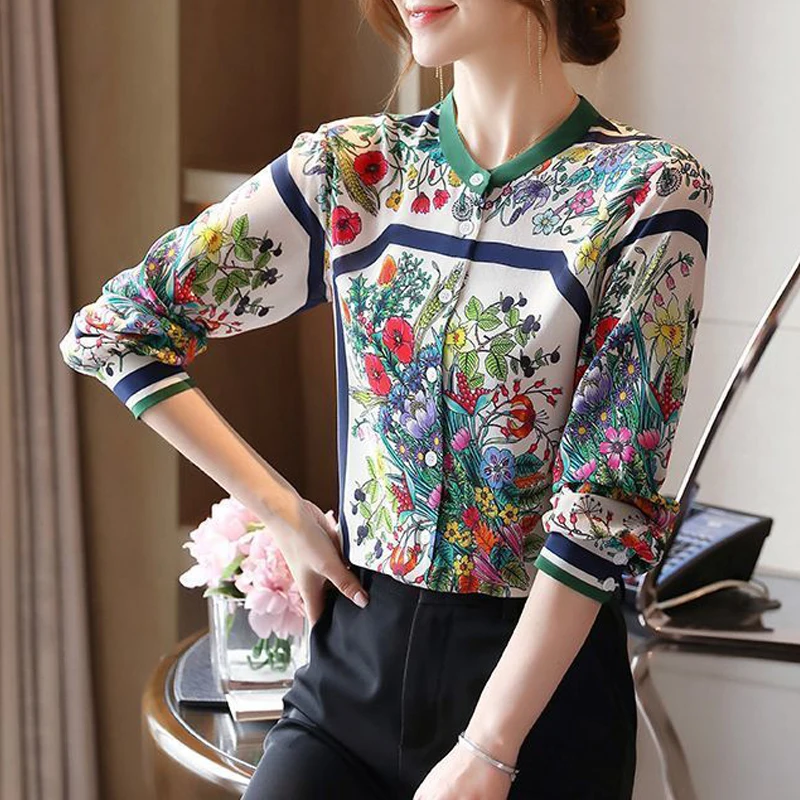 Women\'s Vintage Floral Print Stand Collar Button Shirt Spring Autumn Fashion Elegant Chiffon Blouse Long Sleeve Slim Tops Blusas