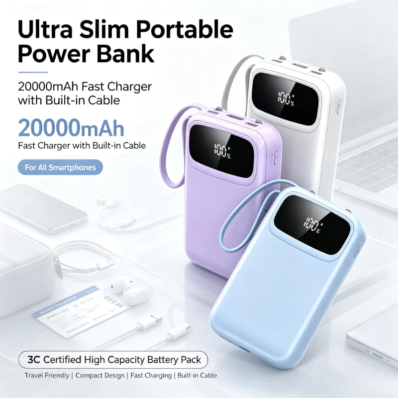 20000mAh Large Capacity Power Bank Ultra Slim Mini Portable 3C Certified Fast Charger With Built-in Cable For All Smartphones