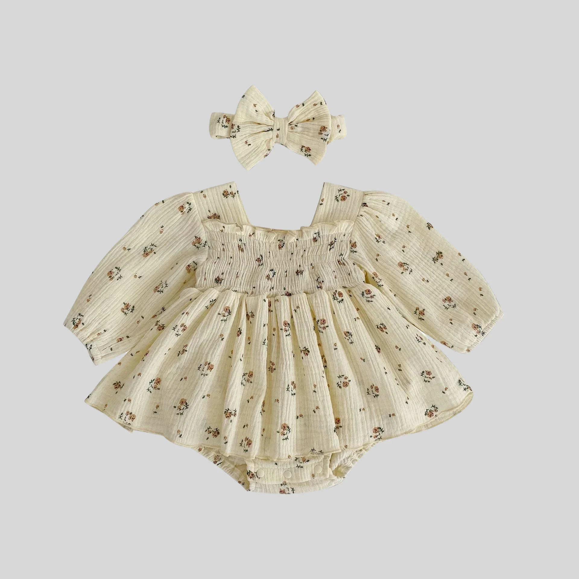 

2025 Baby Girl Spring Autumn Comfortable Cute Small Floral Long - Sleeve Romper-Stylish Princess Crawling Clothes with Headband