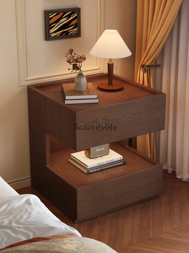 

American Retro Bedside Table Solid Wood Storage Walnut Color French Storage Cabinet