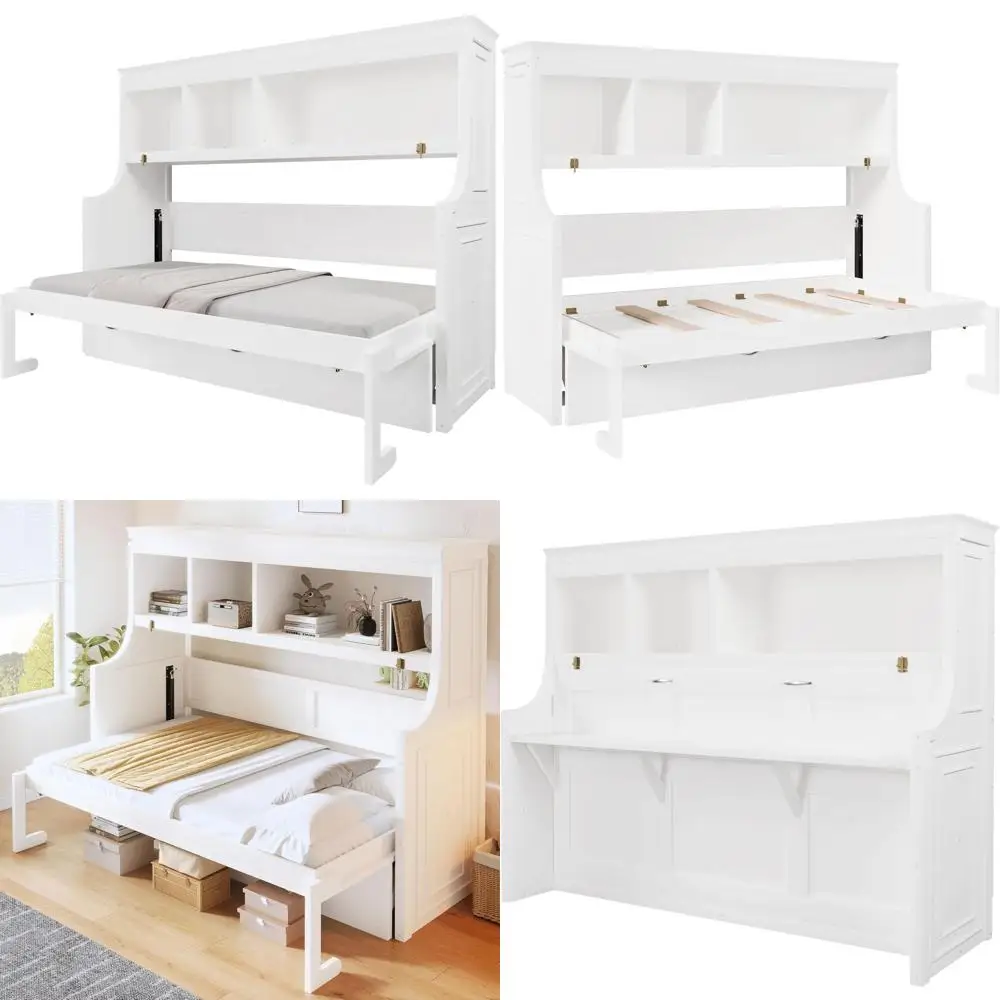 

Twin Size Horizontal Murphy Bed with Desk & Storage, Wood Hidden Wall Bed e with Shelves, Hideaway olding Murphy Bed Cabinet or