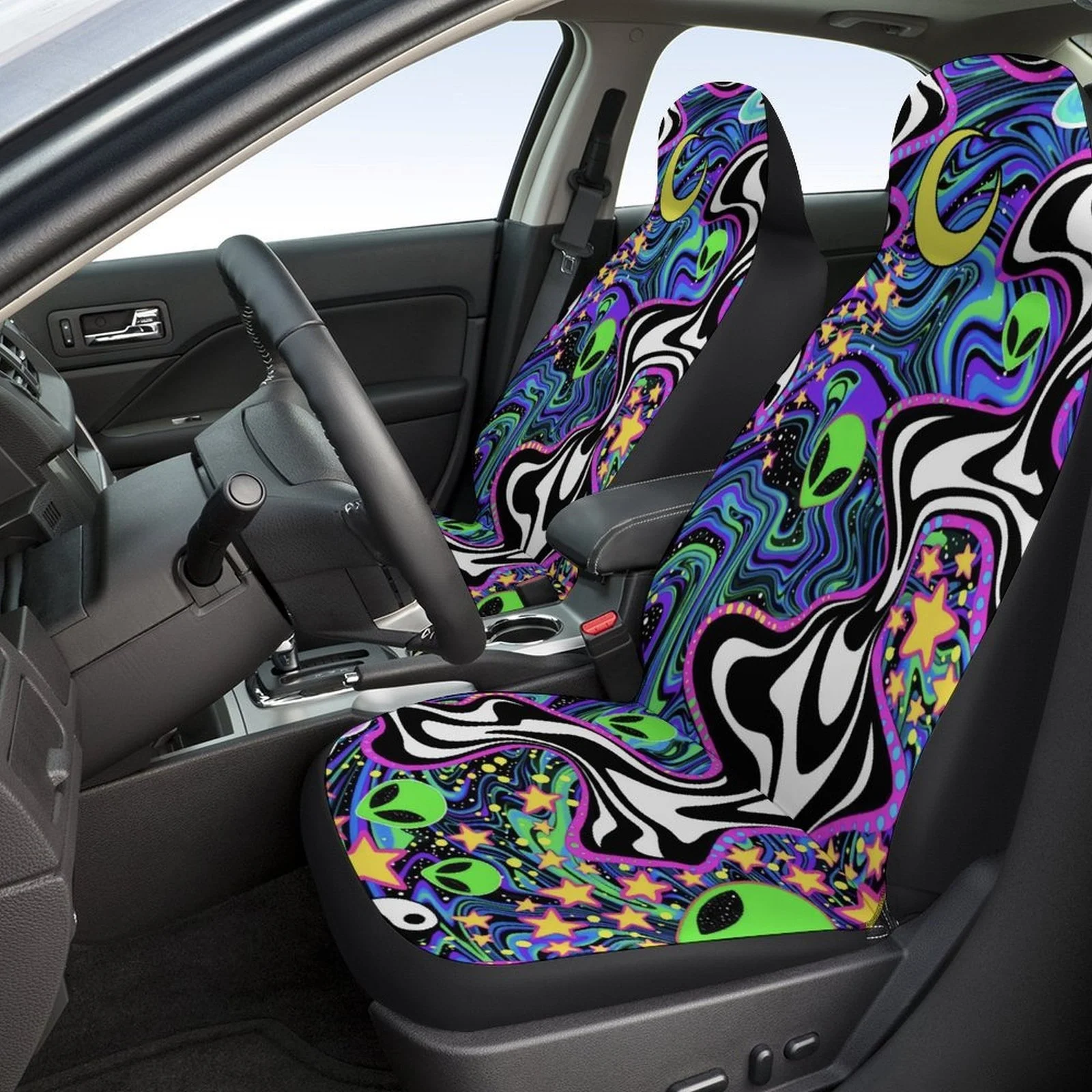 2pcs Of Breathable And Non-Slip Car Front Covers With An Abstract Psychedelic Alien Design.