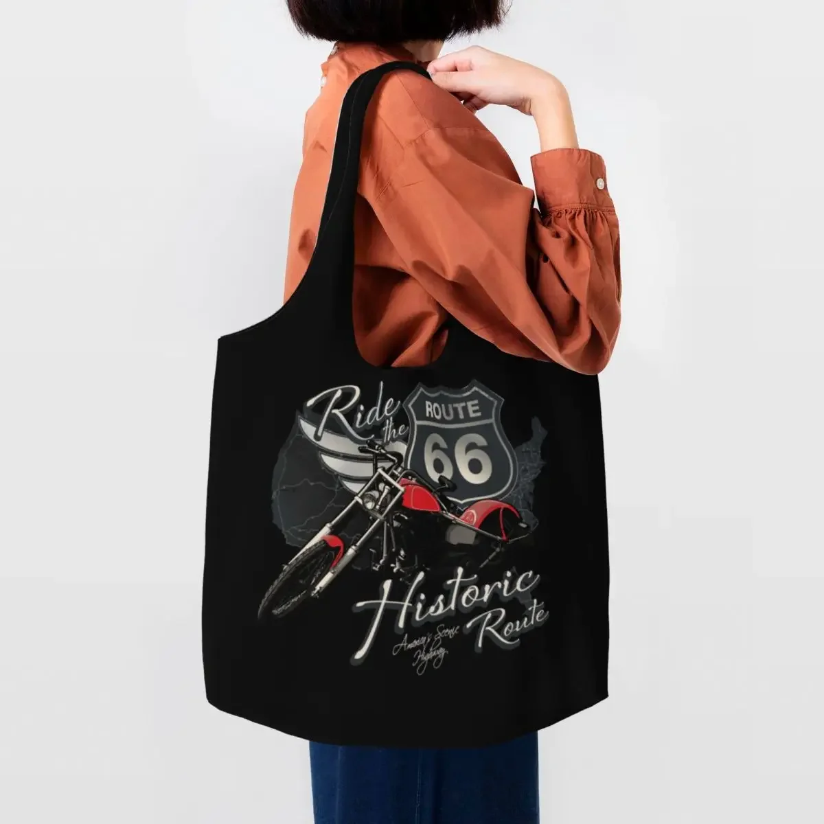 Travel Motorcycle Ride Route 66 Groceries Shopping Bag Canvas Shopper Tote Shoulder Bag Capacity Portable US  Highways Handbag