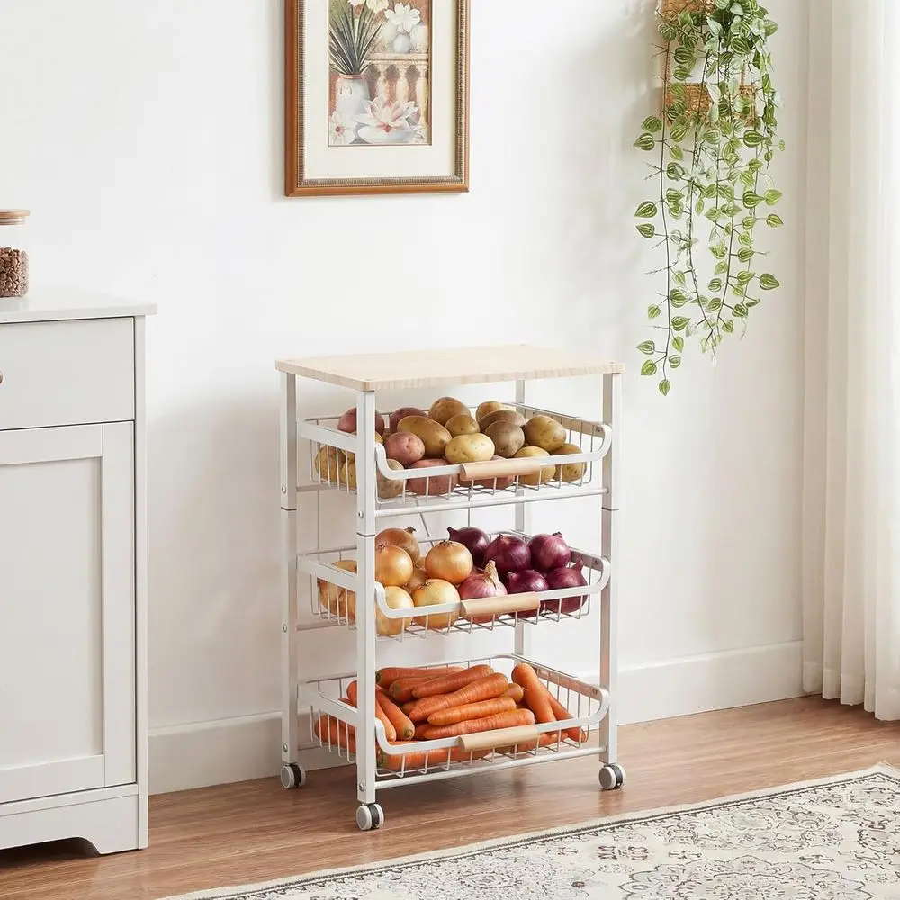 

Slide Out ruit Vegetable Basket or Kitchen, 4-Tier Rolling Storage Cart with Wooden Handle & Top, Metal Wire Produce Rack