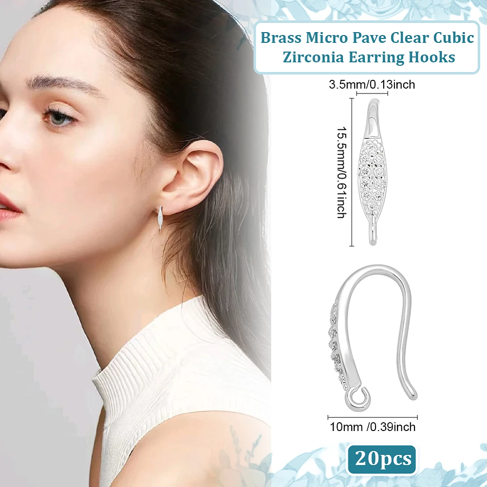 20Pcs Brass Micro Pave Cubic Zirconia Earring Hooks Ear Wires with Vertical Loop French Rhinestone Earring Findings Connectors