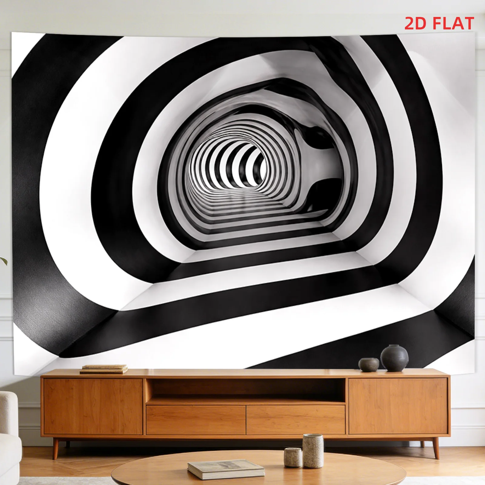 Modern Abstract Op Art Optical Illusion Wall Tapestry Geometric Tunnel Design Monochrome Black White Hanging Canvas Print Minima
