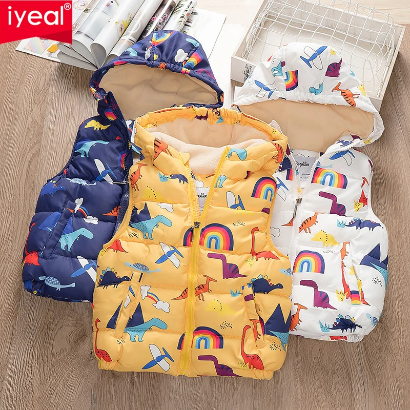 

IYEAL Children Thicken Dinosaur Printed Hooded Cotton -Padded Vest New Fashion Winter Boys Clothing Boys Outerwear 3-10 Years