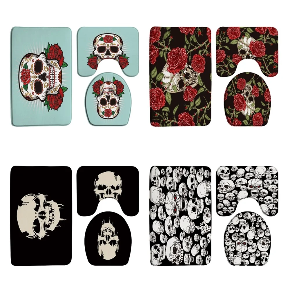 

Retro Colorful Flowers Sugar Skull Bath Rug Set Halloween Bathroom Mat Non Slip Water Absorbent U-Shaped Carpet Toilet Lid Cover