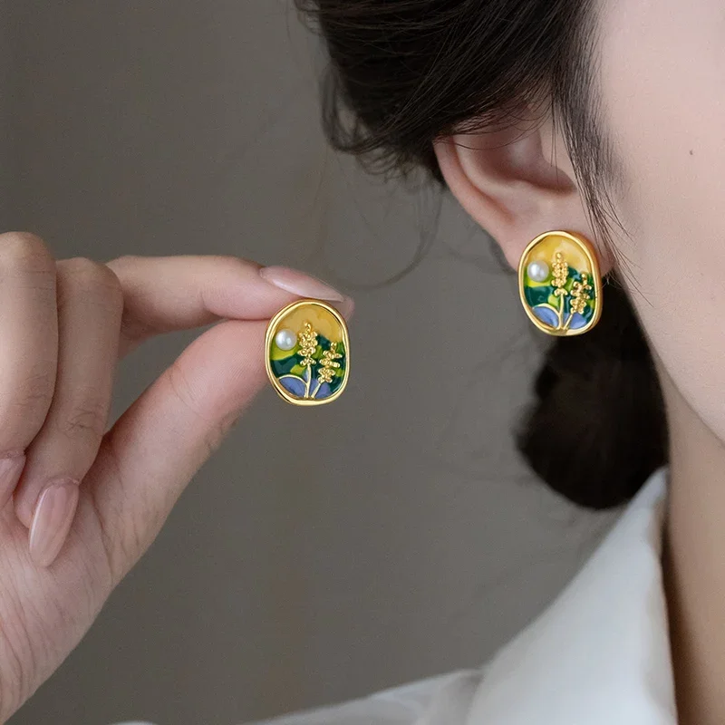 Monet Garden Imitates Baroque Pearl Oil Painting Style Stud Earrings For Women\'s High-end Jewelry Retro Accessories For Summer