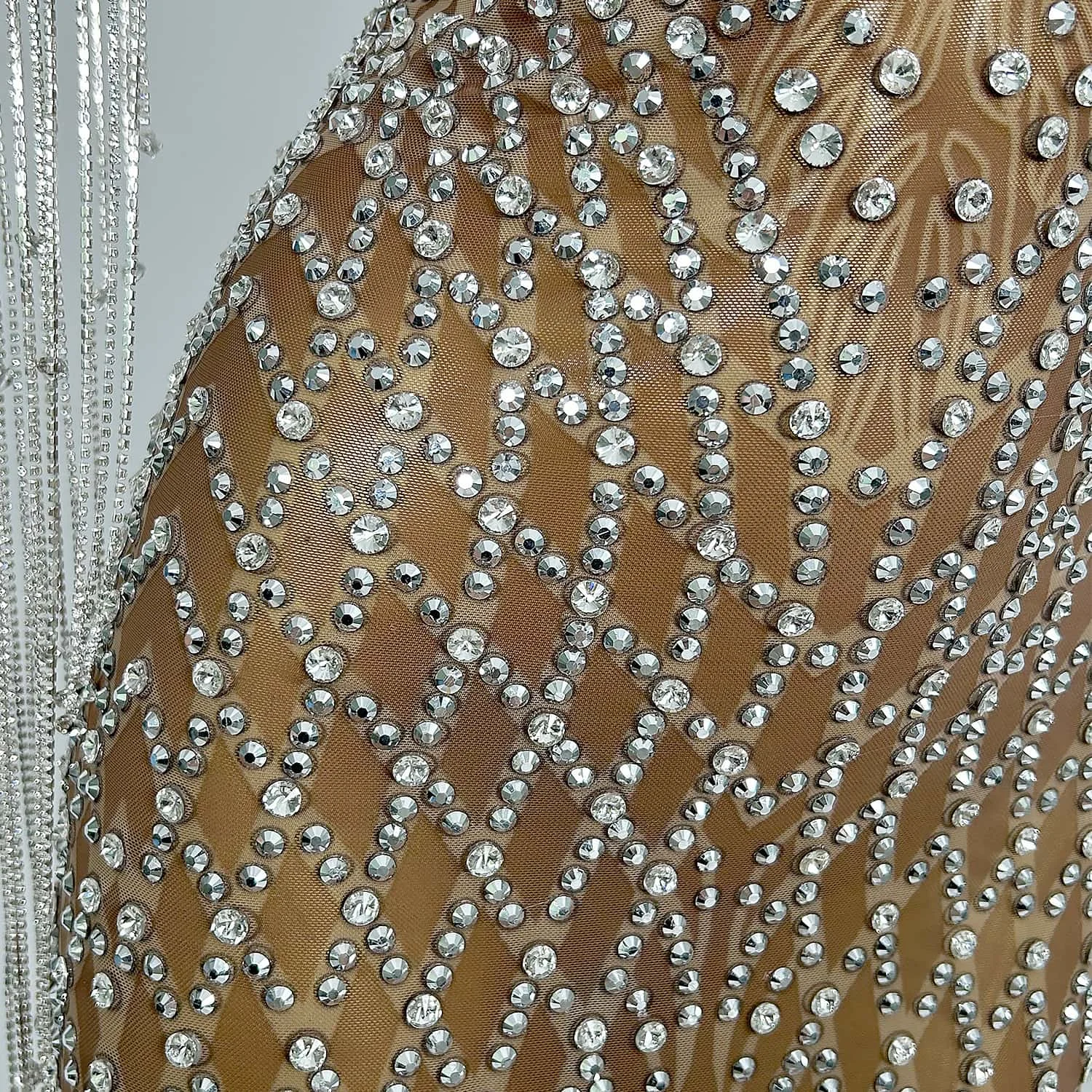 Rhinestones Chains Crystals Dress Women Celebrate Birthday Evening Dress Prom Outfit Sexy See Through Show Stage Wear Shengkai
