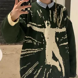 Y2K Vintage Pullover Star Pattern Sweater Winter Neutral Knitwear High Street Retro Trend Round Neck Sweater Men Women Clothing