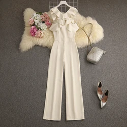 ALPHALMODA 2023 New In Backless Frill Shoulder Ladies Trendy Straight Jumpsuit Solid Color Slim Wrap Hip Elegant Party Overalls