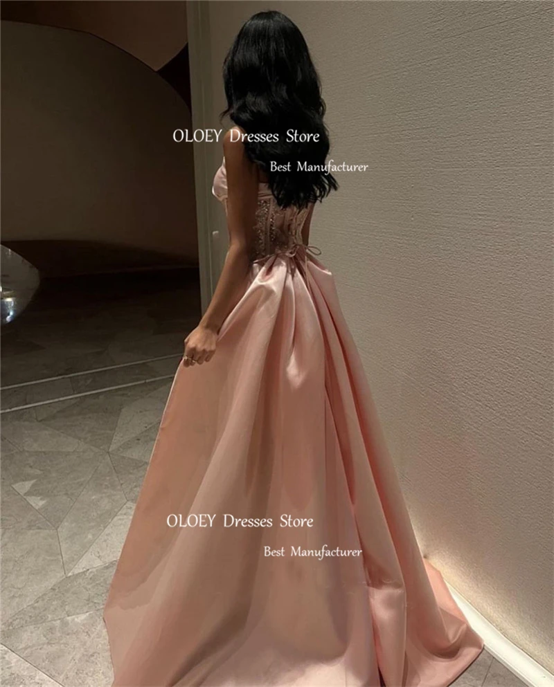 OLOEY Fairy Pink Satin Prom Dresses Saudi Arabic Strapless Corset Shiny Sequin Dubai Abendkleider Evening Gowns Formal Party