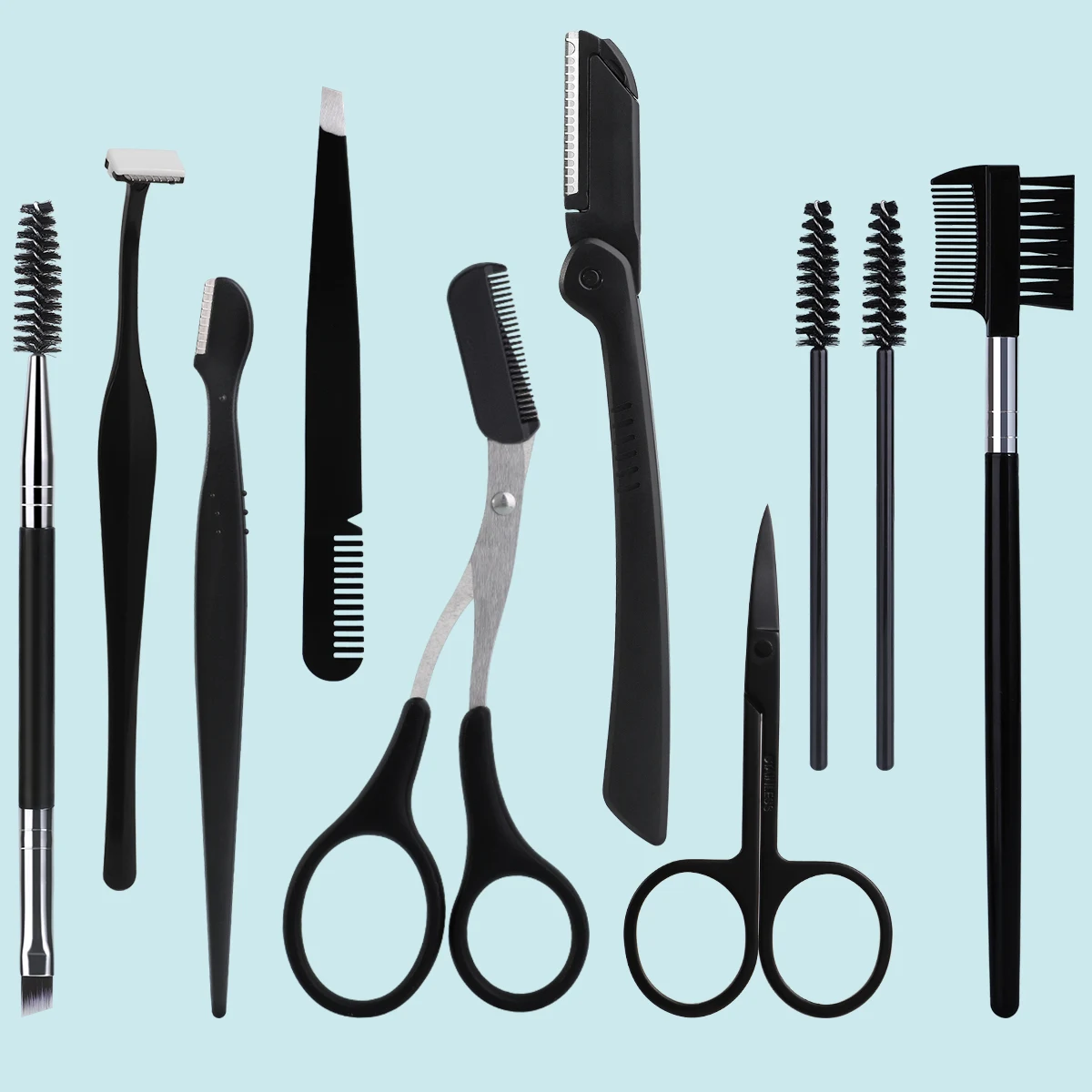 10-piece eyebrow trimmer set includes scissors, tweezers, eyebrow shaver, eyebrow comb and eyebrow clip,  daily makeup tool set