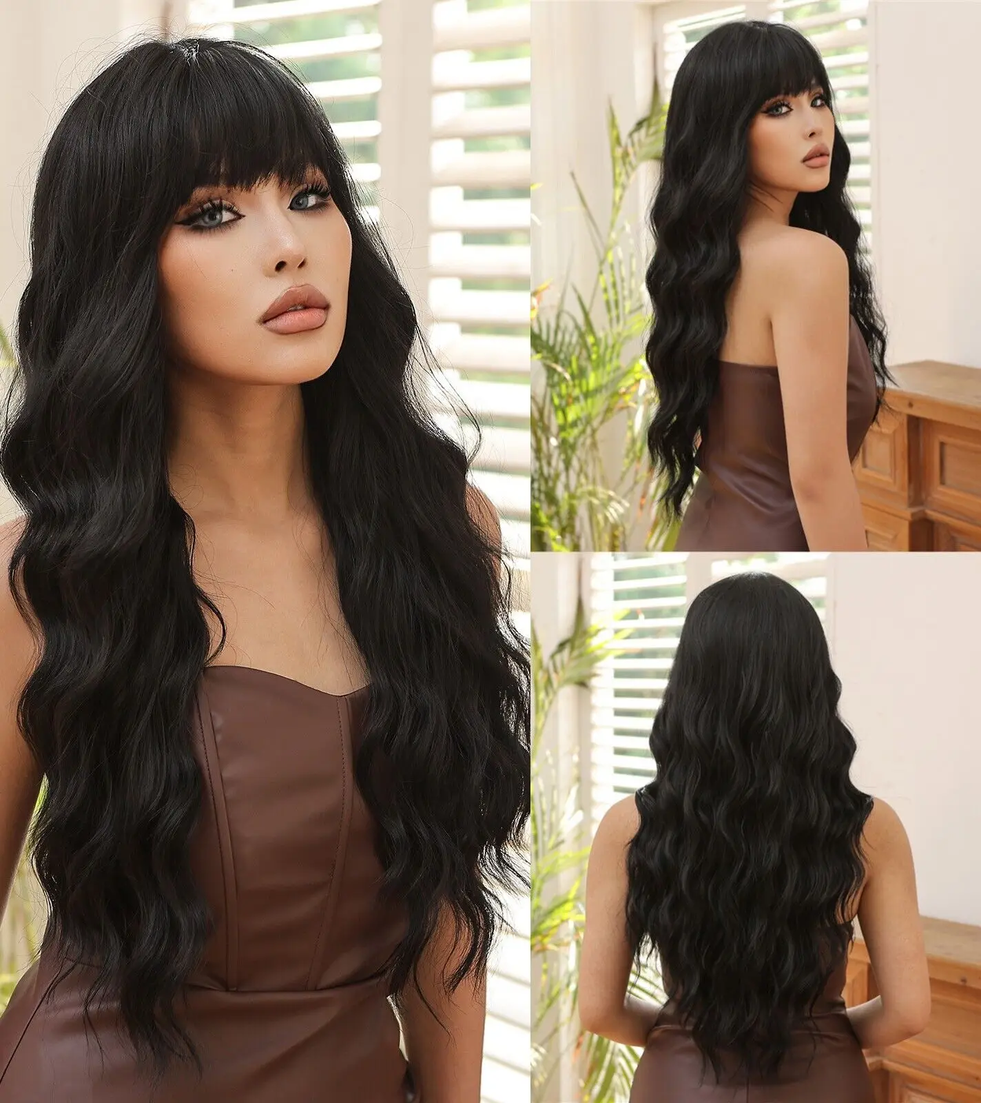 Dress Up Wig With Fringe Black Women Synthetic Hair Heat Resistant Long Wavy