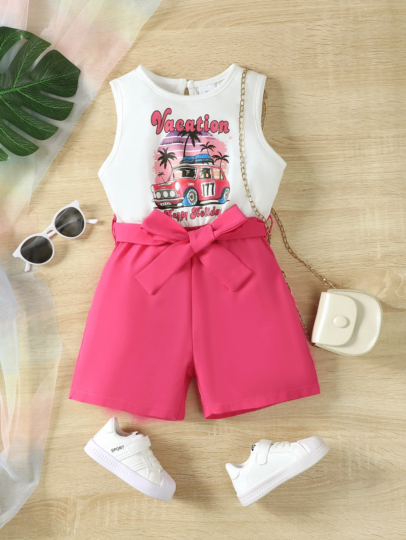 New 2024 Summer Child Girl Jumpsuit sleeveless Cartoon Pattern  Fashion Bodysuits with Belt Daily Wear for Kids Girl 4-7 Years