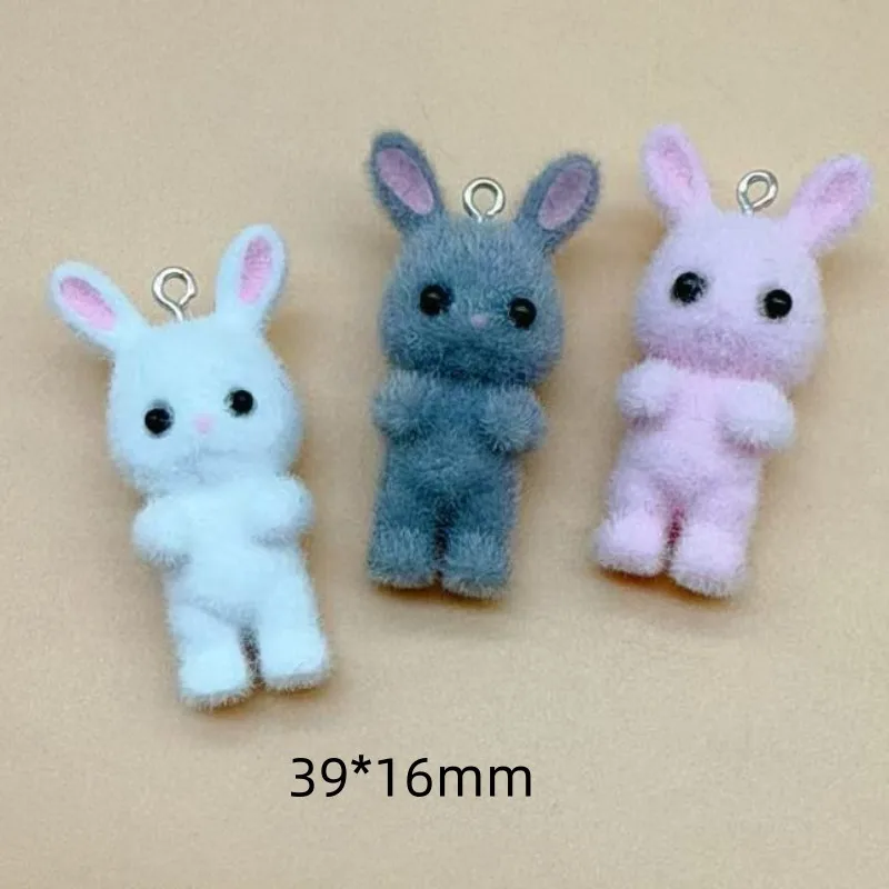 20pcs 3D Flocking Resin Cute Colorful Rabbit Cartoon Animal Charms For Keychain Necklace Earrings Making DIY Jewelry Accessories