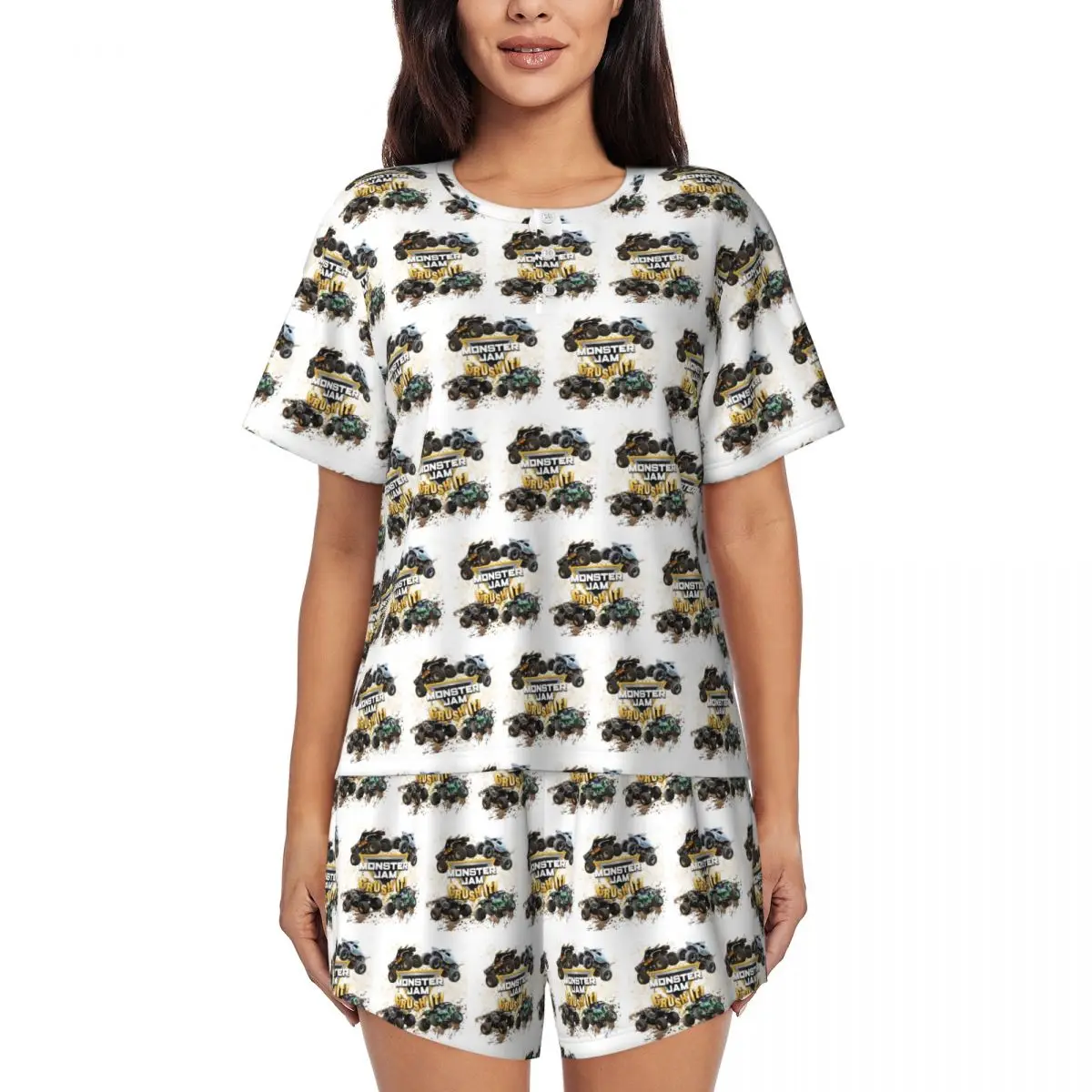 

Classic Monster Jam Truck Pattern Round Neck Short Sleeve Nightgowns for Sleeping Sleepshirts Women Soft Pajama Set Short Pants