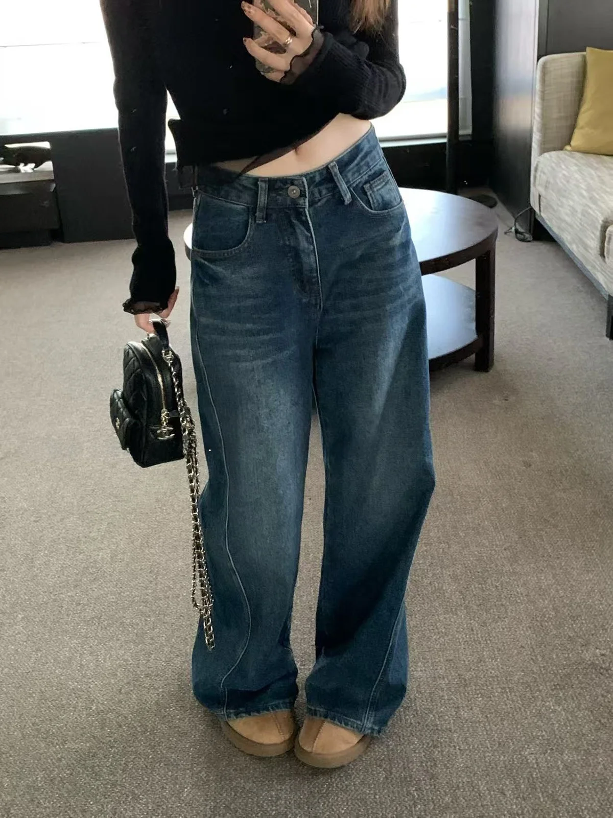 

Женские джинсы DaZaIge Fce Lined Waed Blue Mustache с прямыми штанинами, осенне-зимние, с высокой талией, из хлопка, повседневные, длинные брюки