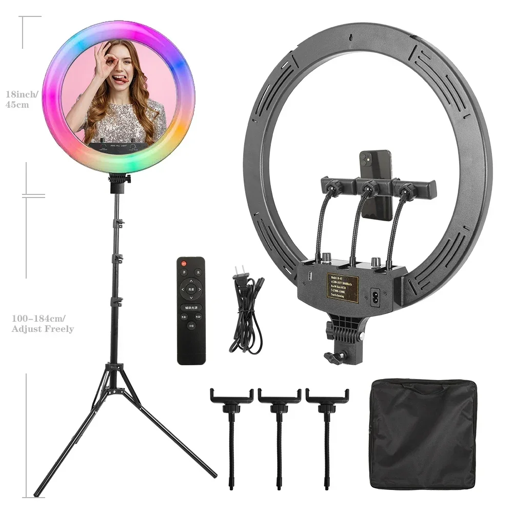 SH 18 pouces 45 cm Selfie RGB anneau lumineux avec trépied USB lumière LED rechargeable, variable, pour studio photo