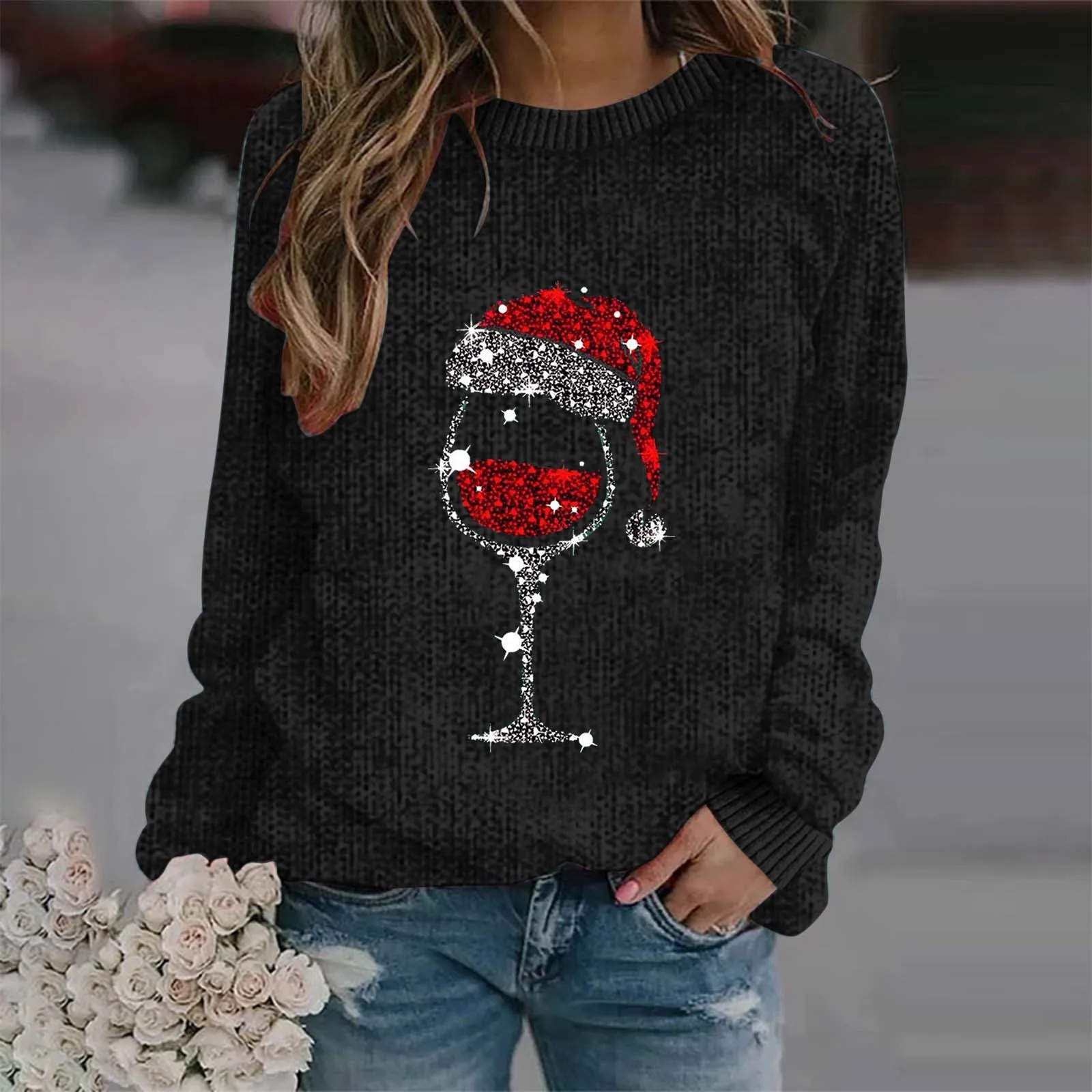 Autumn and Winter Christmas Red Wine Glass Print Round Neck Long Pullover Sweaters for Women Xmas New Year Wool Warm Sweater