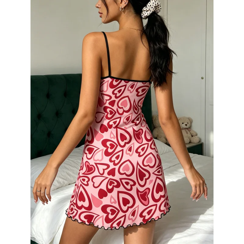 Women Summer Nightdress Spaghetti Strap Ruffle Trim Round Neck Home Loungewear Sleep Dress All Over Heart Print