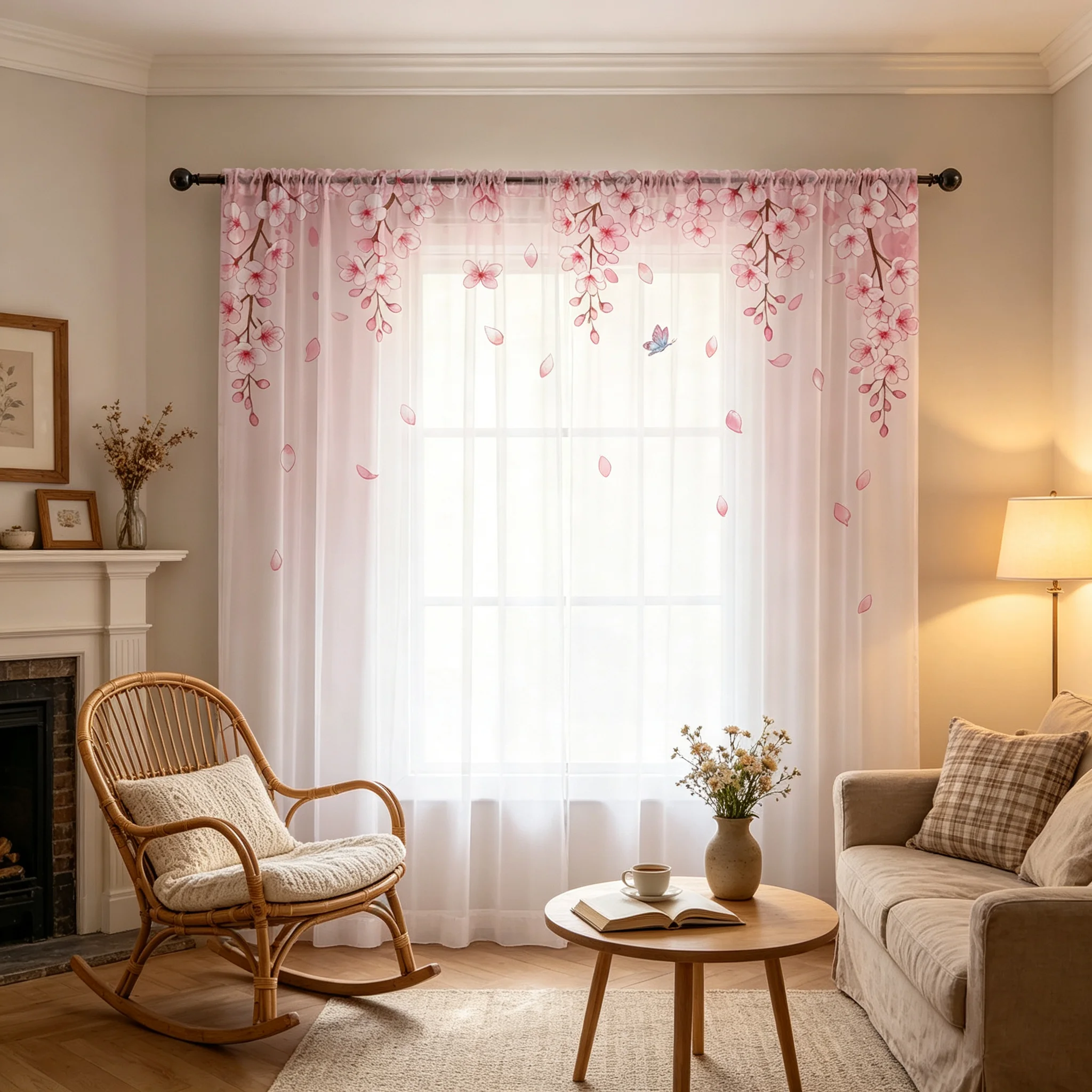 1 Pc Rod Pocket Pink Gradient Peach Blossom Sheer Curtain - Translucent, Light Reducing, Privacy, for Living/Bedroom/Kids Room