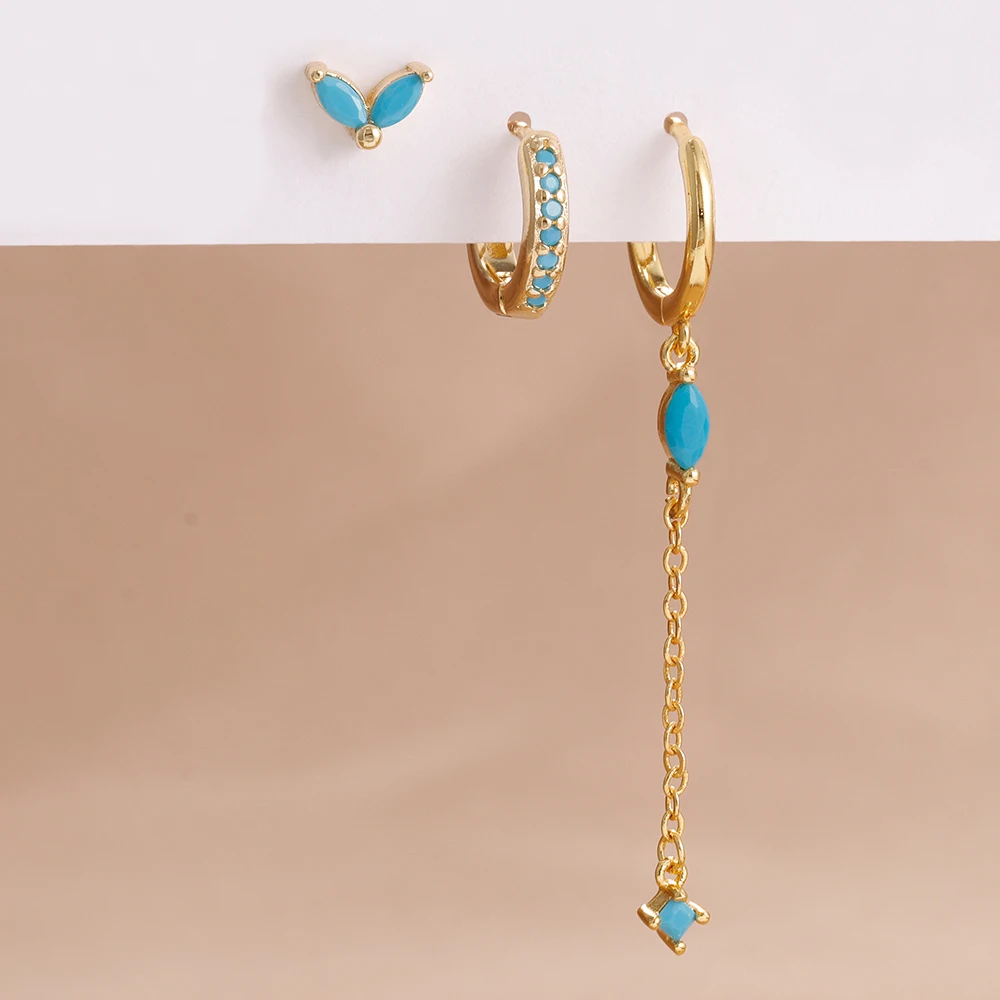 Mode Edelstahl Blau Zirkon Tropfen Ohrringe Temperament Kette Tropfen Ohrringe Set Für Frauen 14K Gold Überzogene Statemen Schmuck