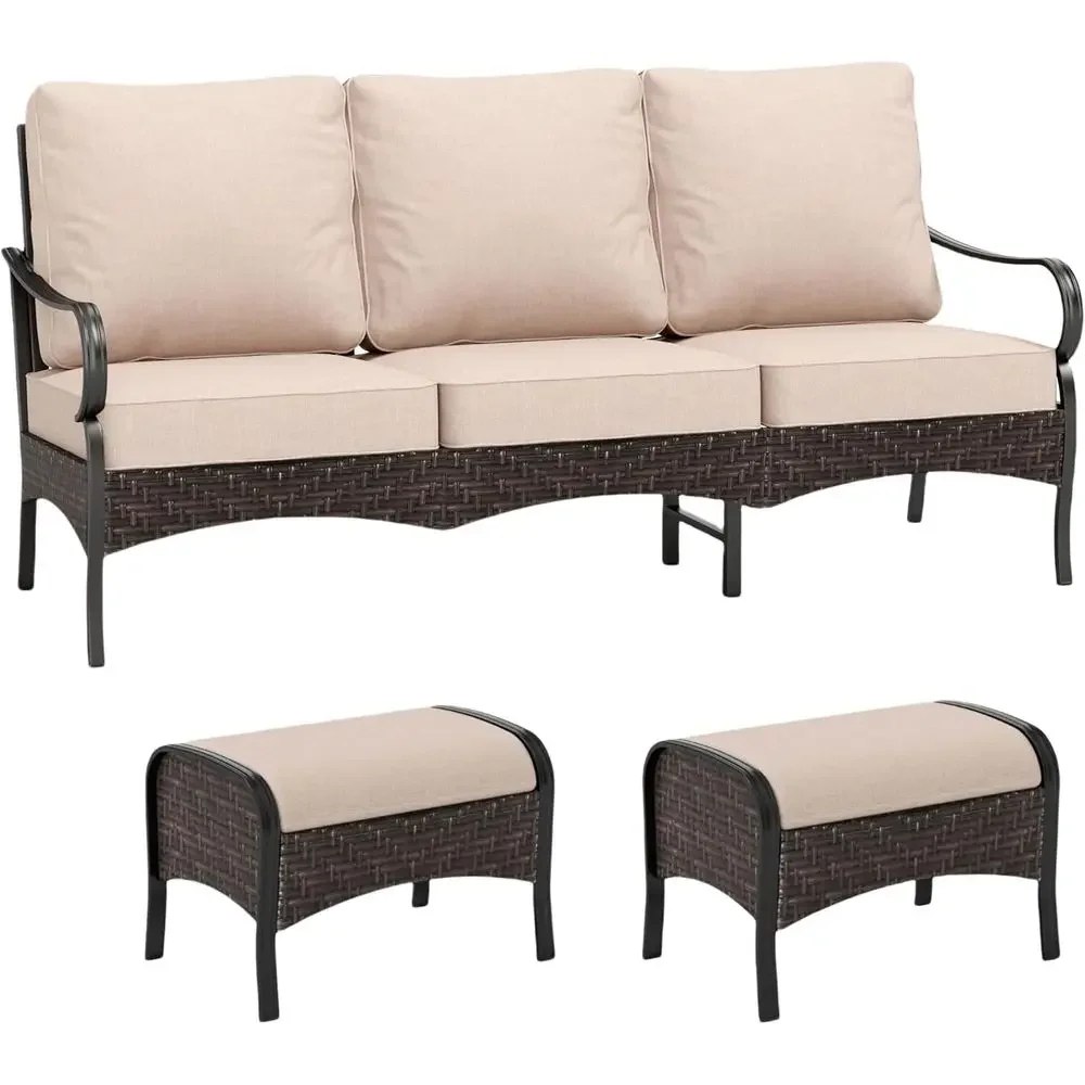 

Rattan Wicker Outdoor Patio Sectional Set with 3-Seat Sofa and 2 Ottomans