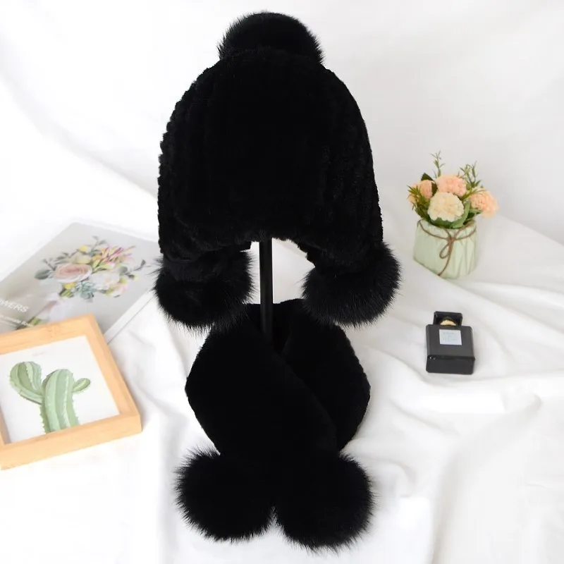 الأطفال الشتاء الدفء ريال ريكس أرنب الفراء قبعة وشاح مجموعات الفتيان والفتيات محبوك سميكة 100% ريال ريكس أرنب الفراء قبعة الأوشحة #3
