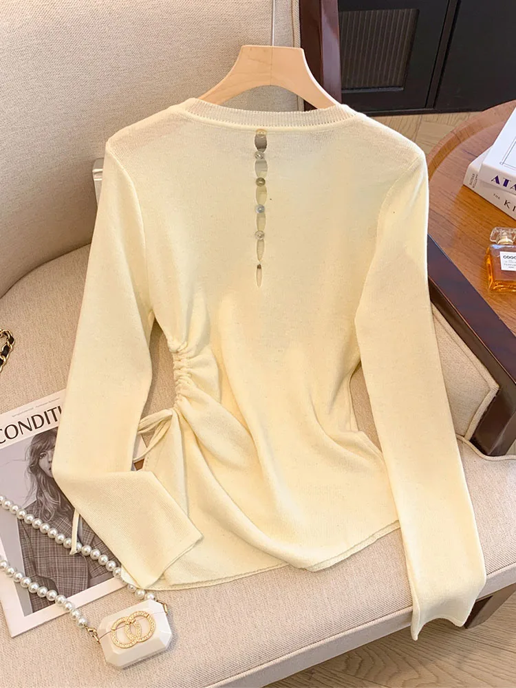 Autumn 2024 Asymmetrical Long Sleeve Knitted Tops Women Fashion Drawstring Design O-Neck Tees American Style Sexy Slim T-Shirts